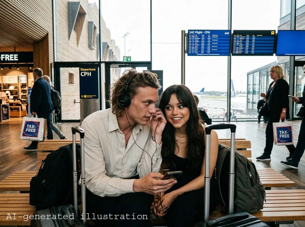 AI-generated illustration of Jenna Ortega boyfriend rumors Sharing headphone.