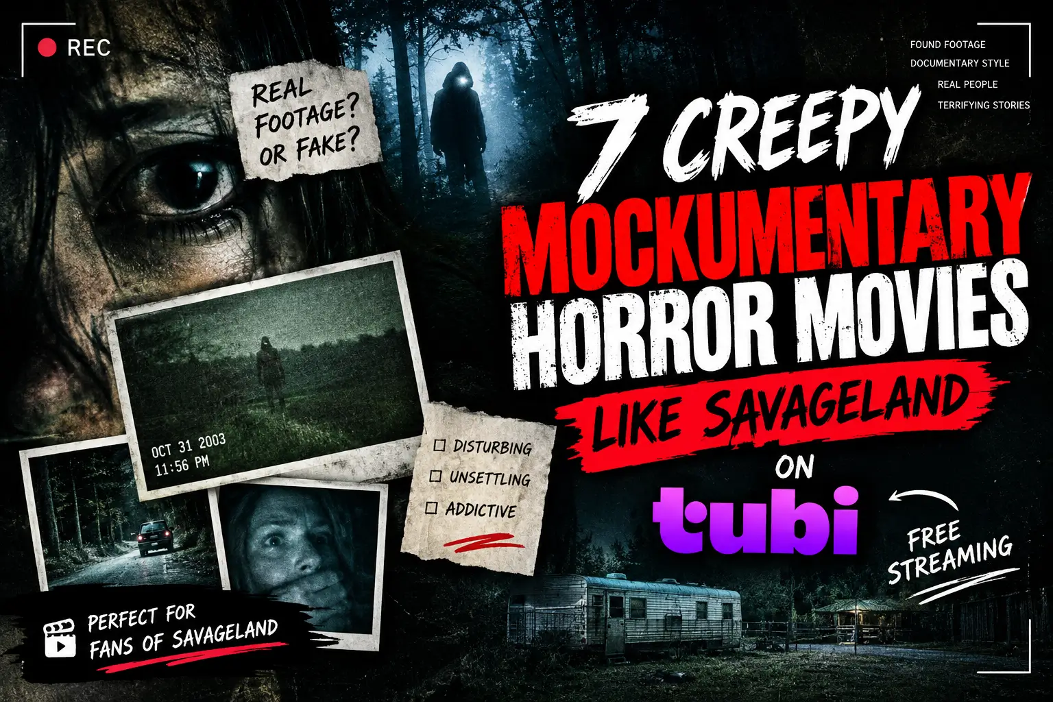 7 creepy mockumentary horror movies like Savageland on Tubi, featuring eerie found-footage scenes and documentary-style horror imagery.