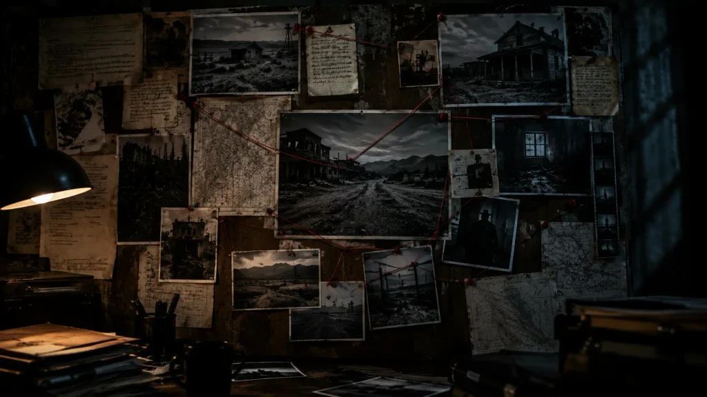 A horror investigation evidence board with photographs and case files illustrating the mystery-solving themes of mockumentary horror.
