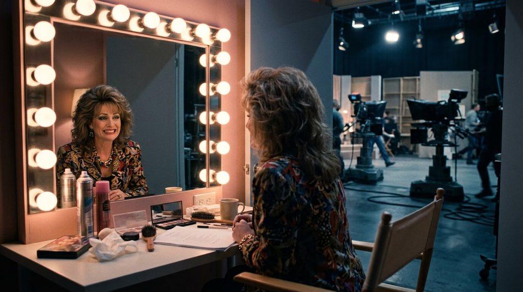 Backstage television dressing room with bright vanity lights illustrating the awkward Hollywood satire of The Comeback