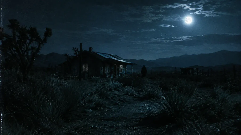 An isolated Nevada desert cabin at night with a shadowy figure, evoking the unsettling atmosphere of found-footage horror.