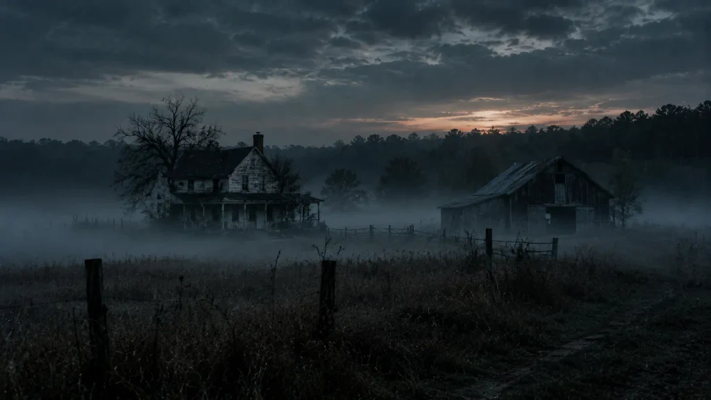 An isolated farmhouse and abandoned barn in thick fog, capturing the eerie rural mystery atmosphere of documentary-style horror.