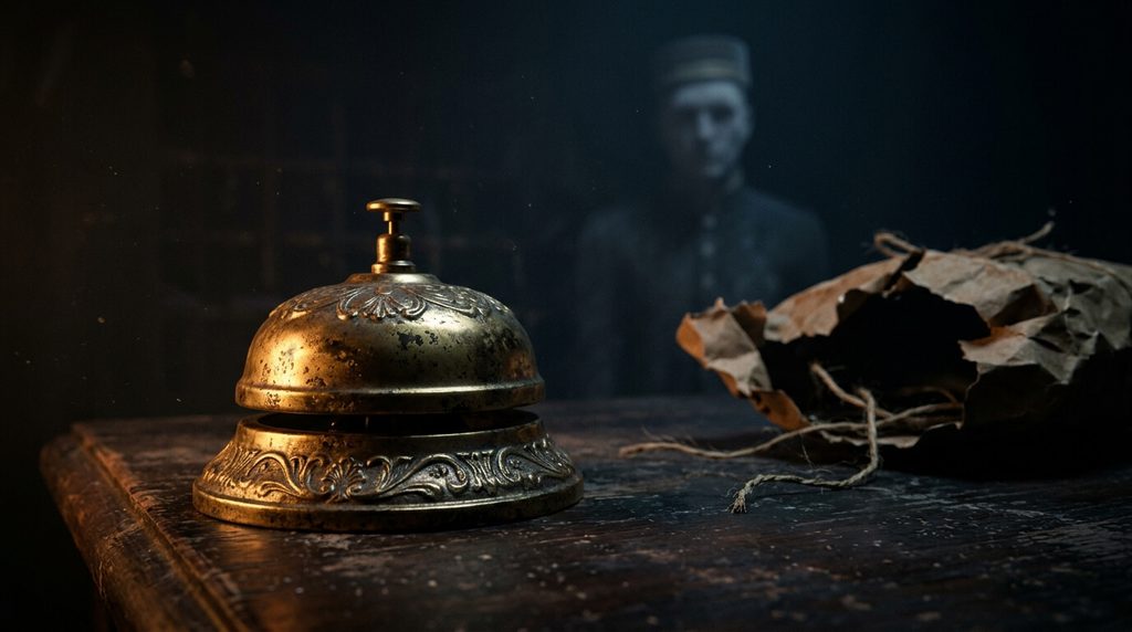The mysterious haunted brass service bell that foreshadows Ted’s fate in Oddity (2024).
