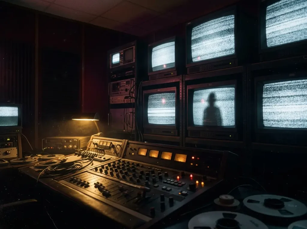 CRT monitors and analog static evoke the film's unsettling atmosphere