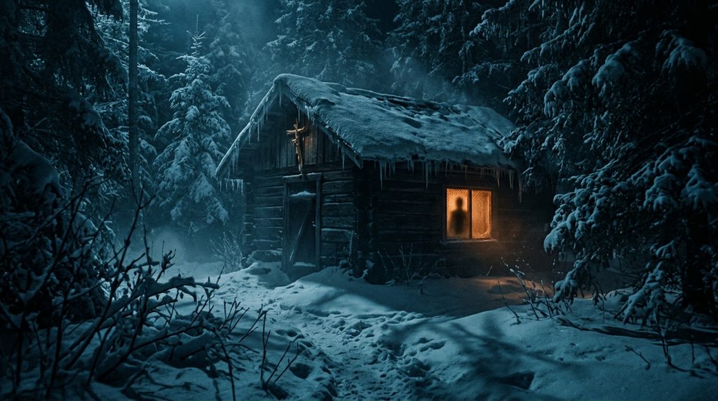 Isolated snow-covered cabin surrounded by a dark forest evoking the psychological terror of The Lodge
