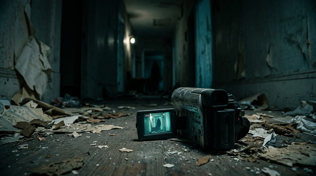 Abandoned camcorder recording a mysterious figure in a dark hallway in a found-footage horror setting.