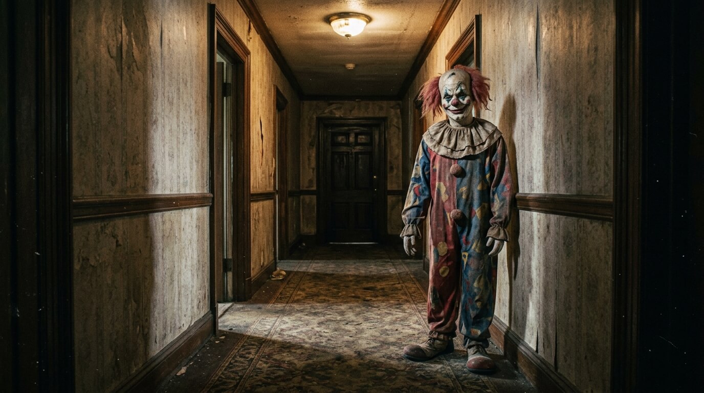 Creepy clown mannequin in a dark hotel hallway illustrating the hidden supernatural clues in Hell House LLC.