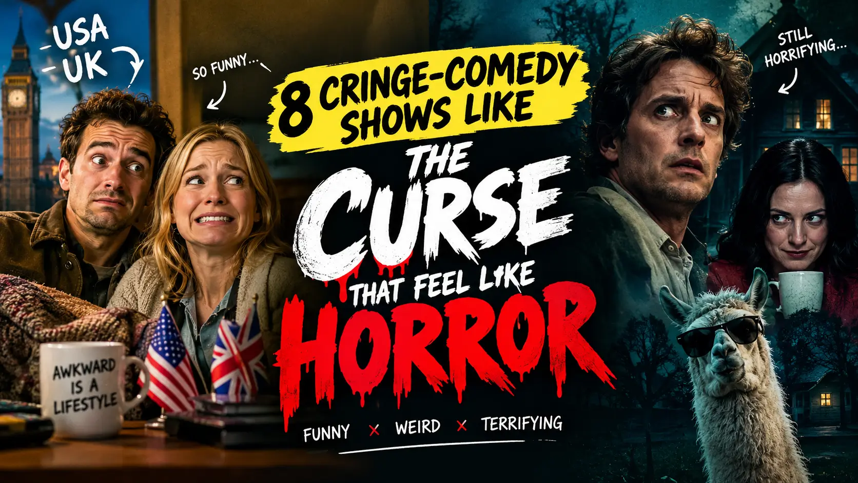 8 cringe-comedy shows like The Curse that feel like horror, featuring awkward characters, dark humor, creepy haunted-house atmosphere, and a spooky USA-UK cinematic style.