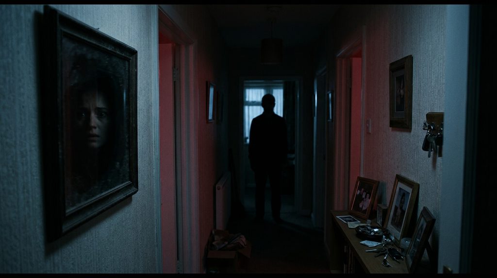 Dark hallway and mysterious silhouette creating psychological horror and suspense
