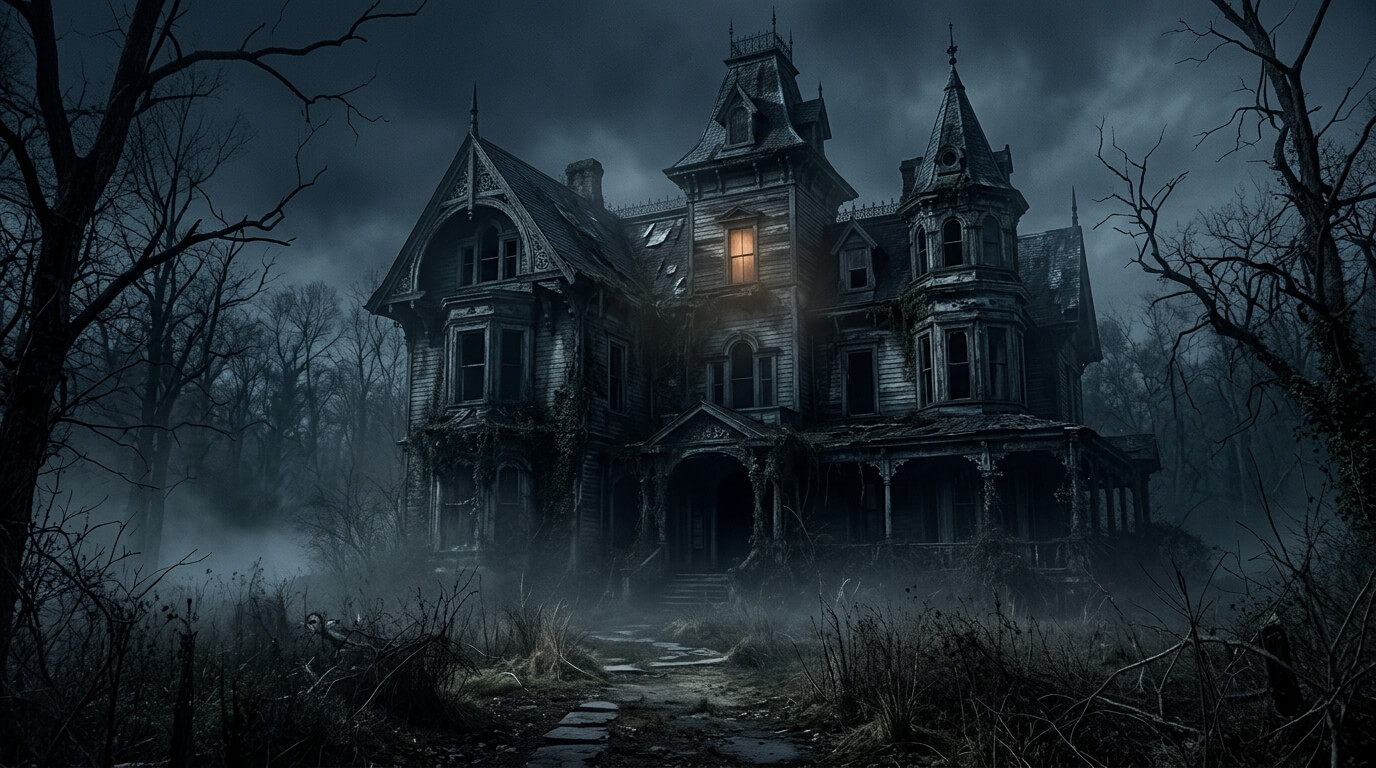 Fog-covered abandoned hotel with one glowing window, symbolizing the continuing mystery of the Hell House LLC sequels.