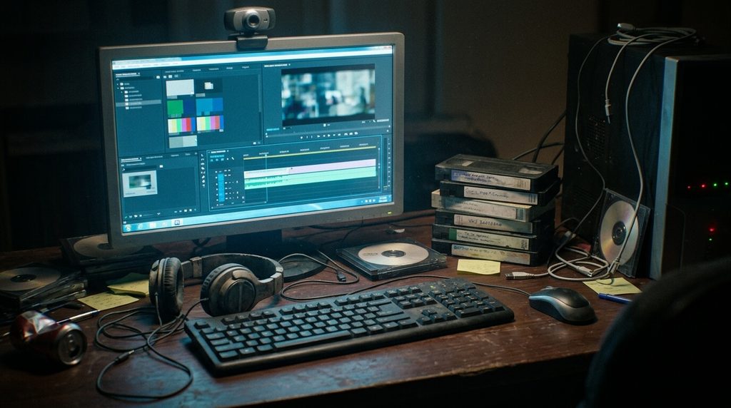Retro computer and VHS tapes representing the viral history of the Kazoo Kid meme