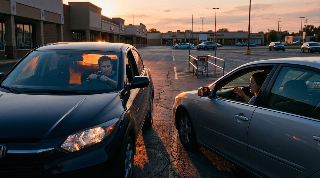 Tense suburban parking lot confrontation illustrating the escalating road rage and dark comedy of Beef