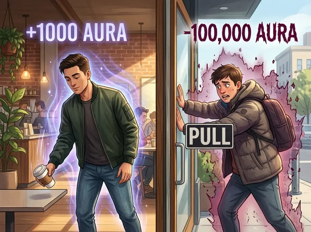 Positive and negative aura points illustrated through confident and awkward everyday moments