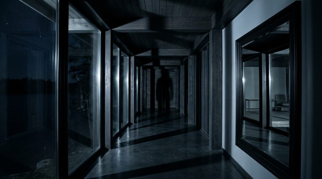 Unsettling mirror reflection and hidden figure-like shapes illustrating the visual illusions in The Night House