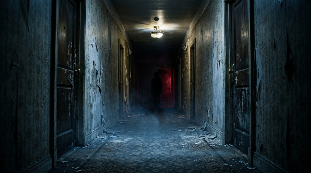 Dark abandoned hotel hallway with flickering red lights and a mysterious silhouette inspired by Hell House LLC horror themes
