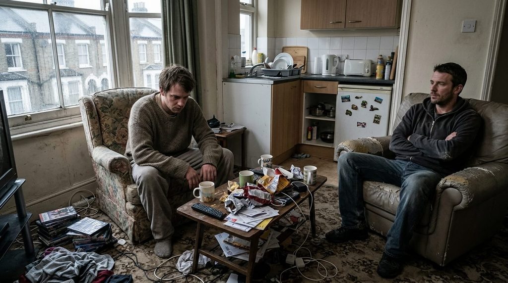 Cramped British flat with mismatched furniture capturing the claustrophobic awkward humor of Peep Show