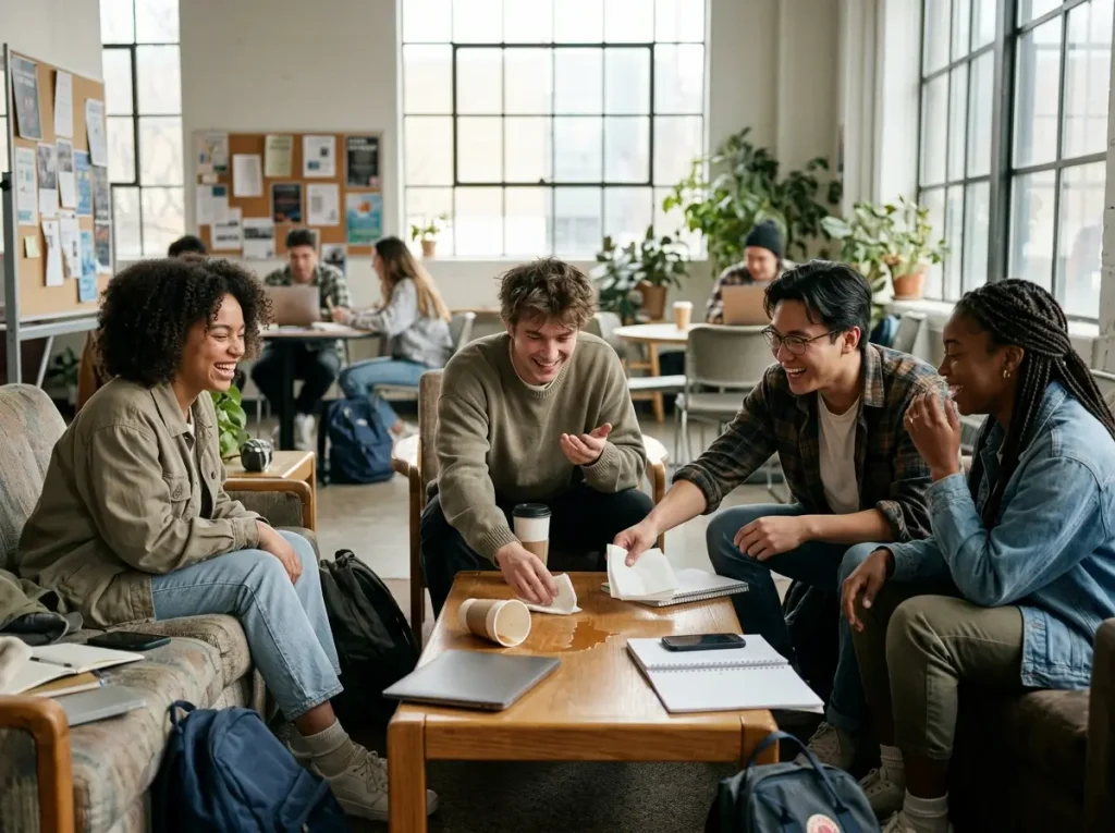 Young adults laughing together after an awkward social moment that could cost aura points