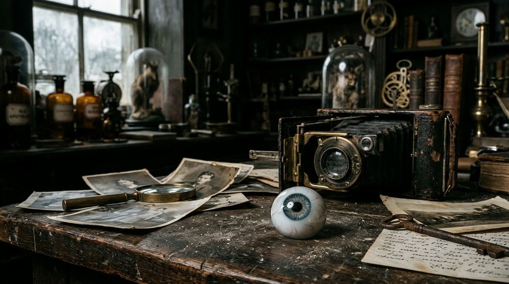 The glass eye and vintage camera symbolizing hidden clues in Oddity (2024).