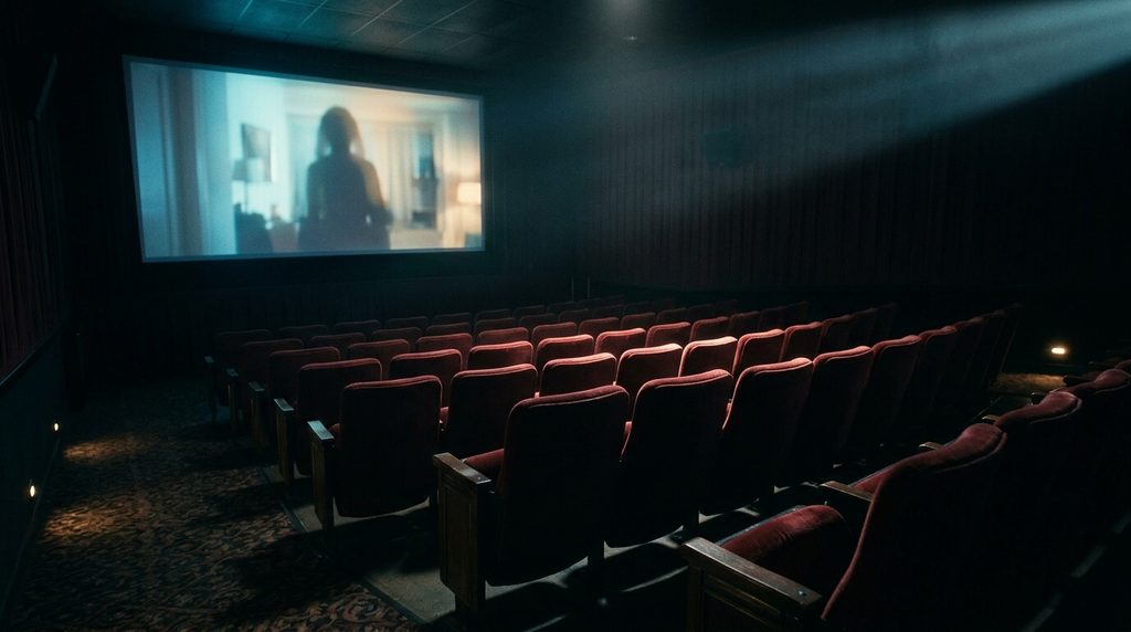 Dark cinema with an illuminated screen representing the psychological tension of cringe-comedy horror shows