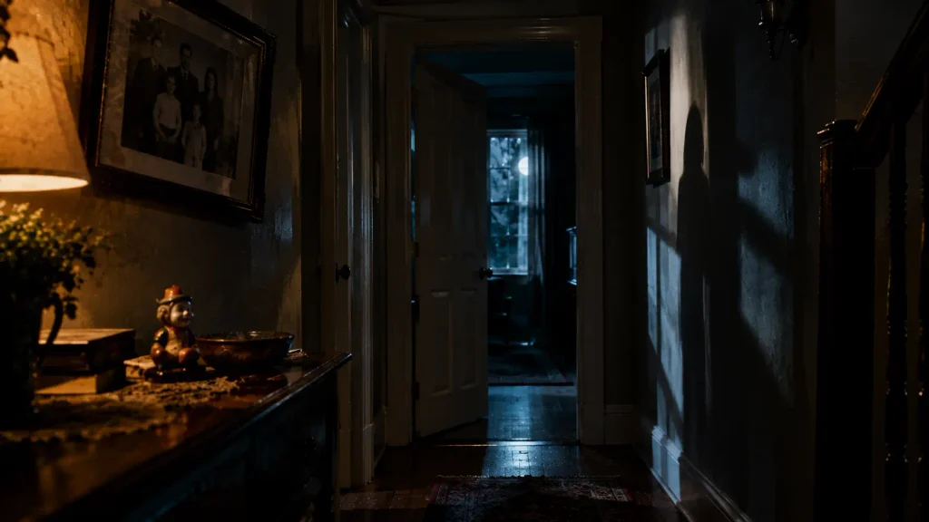 Mysterious hallway with hidden visual clues in a psychological horror setting