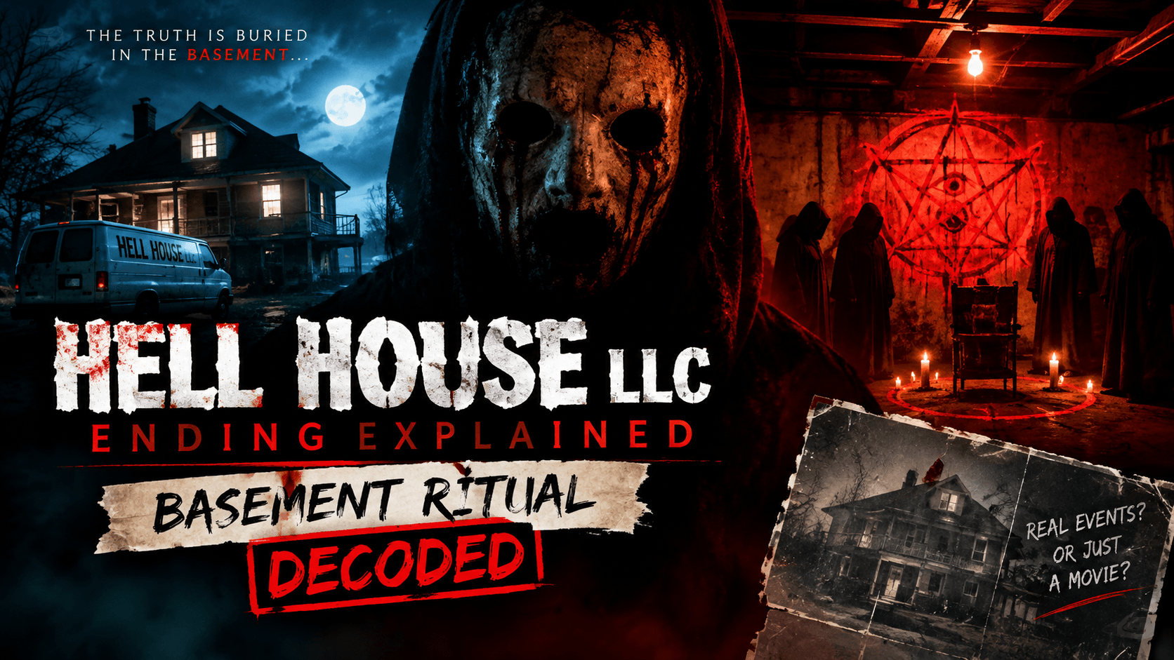 Hell House LLC ending explained — a terrifying masked figure, haunted house, and candlelit basement ritual with occult symbols, revealing the mystery behind the film’s dark ending.