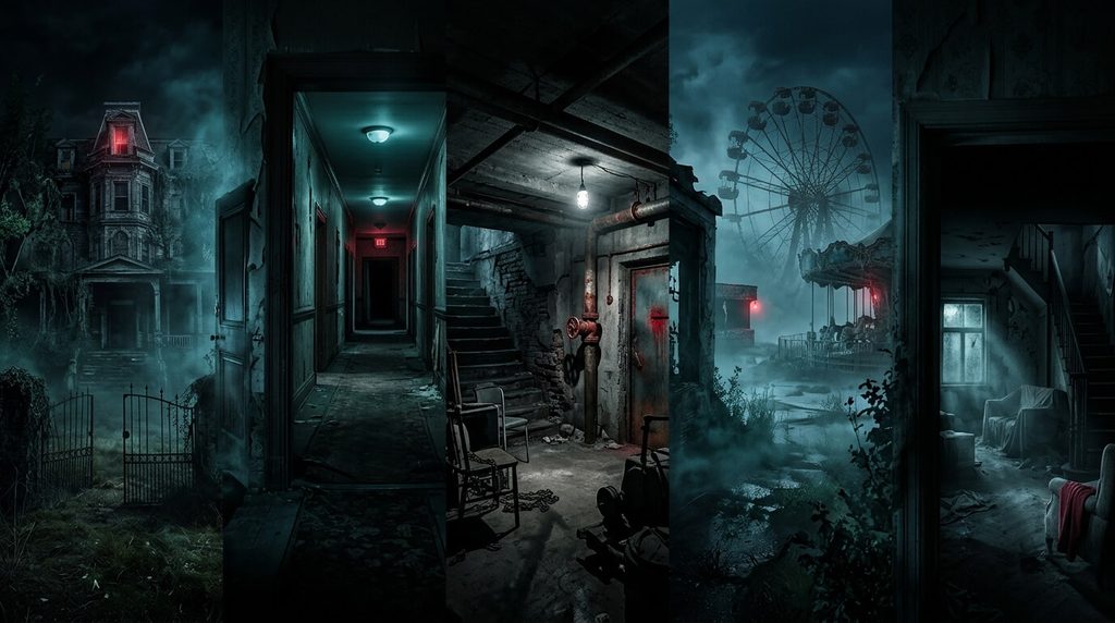 Hell House LLC chronological timeline guide featuring five eerie haunted hotel scenes in a cinematic horror atmosphere