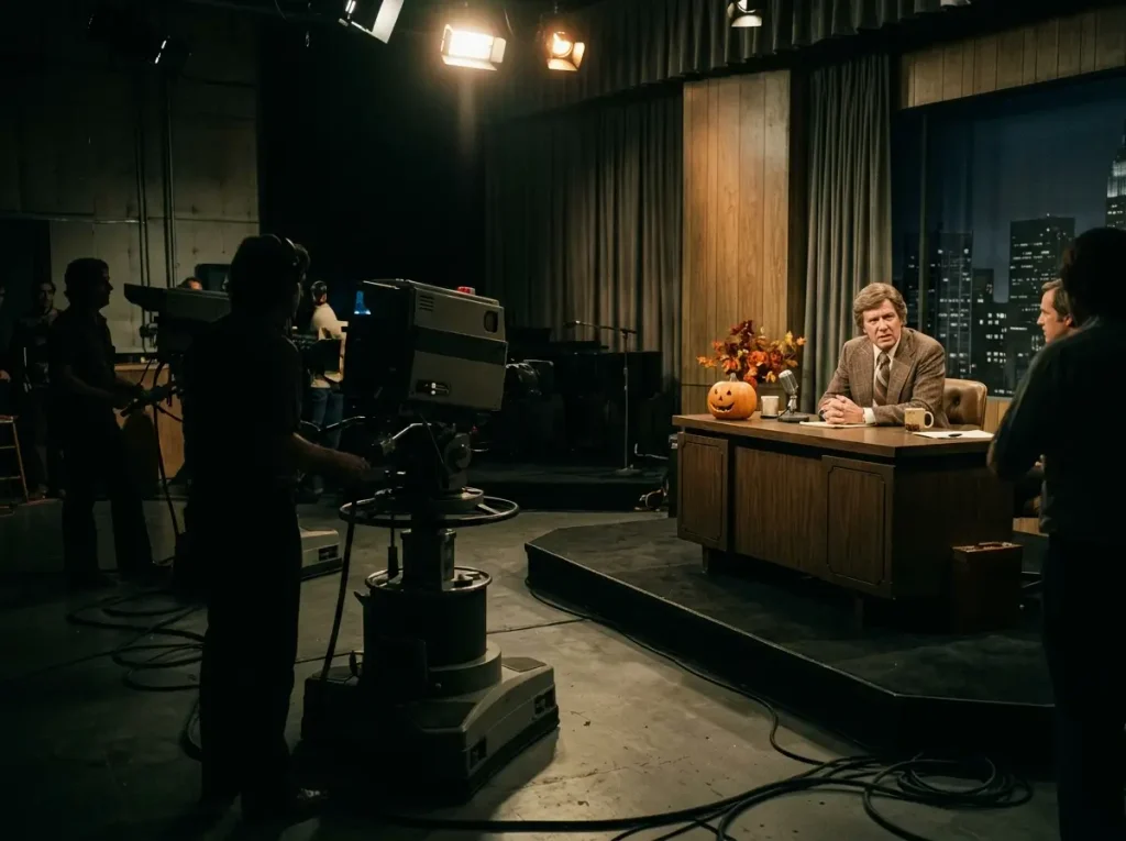 A vintage 1970s television studio illustrating the film's live broadcast setting