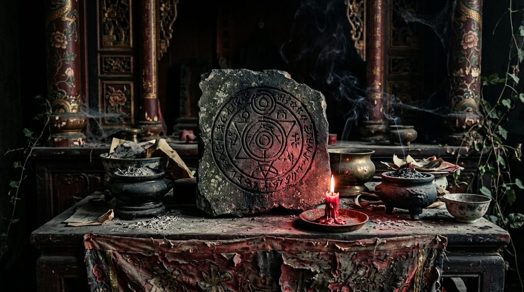 Incantation curse symbol explained with a mysterious fictional sigil on an ancient stone tablet