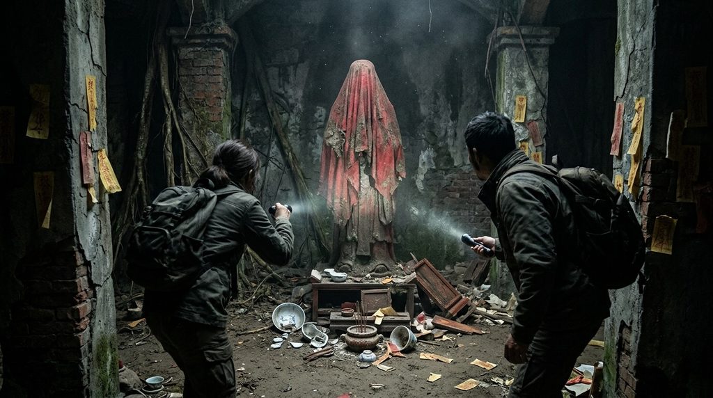 Incantation tunnel ritual explained with investigators discovering a covered statue in a dark shrine