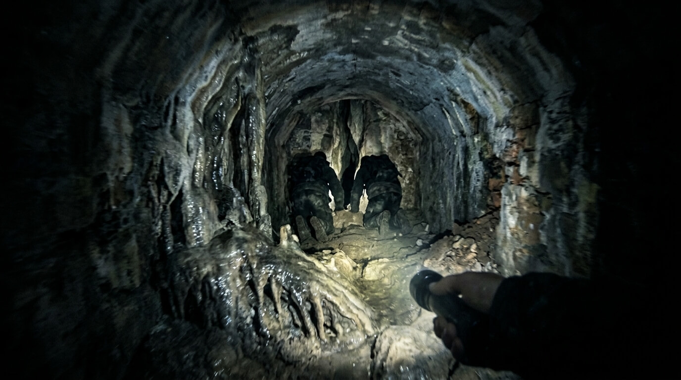 Investigators exploring a terrifying underground passage beneath an ancient church in a found-footage horror scene.