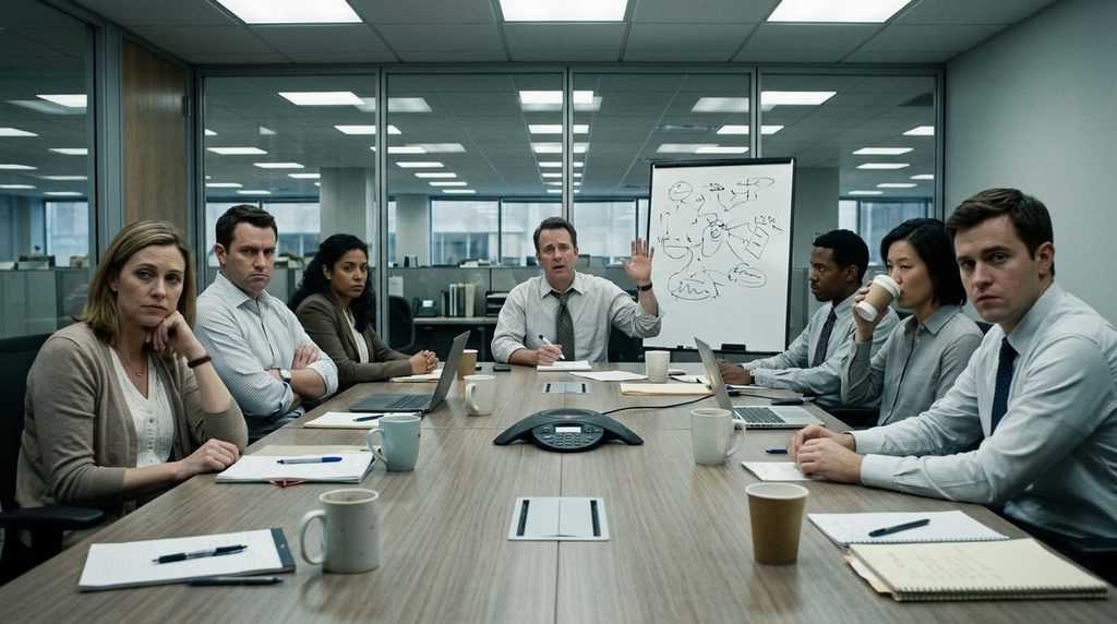 Awkward office meeting with embarrassed coworkers illustrating the cringe comedy of I Think You Should Leave