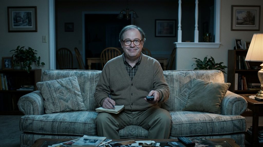 Ordinary suburban living room and isolated television reviewer representing the bleak satire of Review
