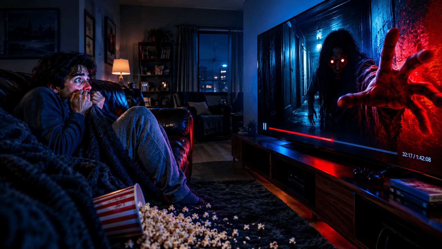 A terrified viewer watching hidden horror movies on Tubi late at night