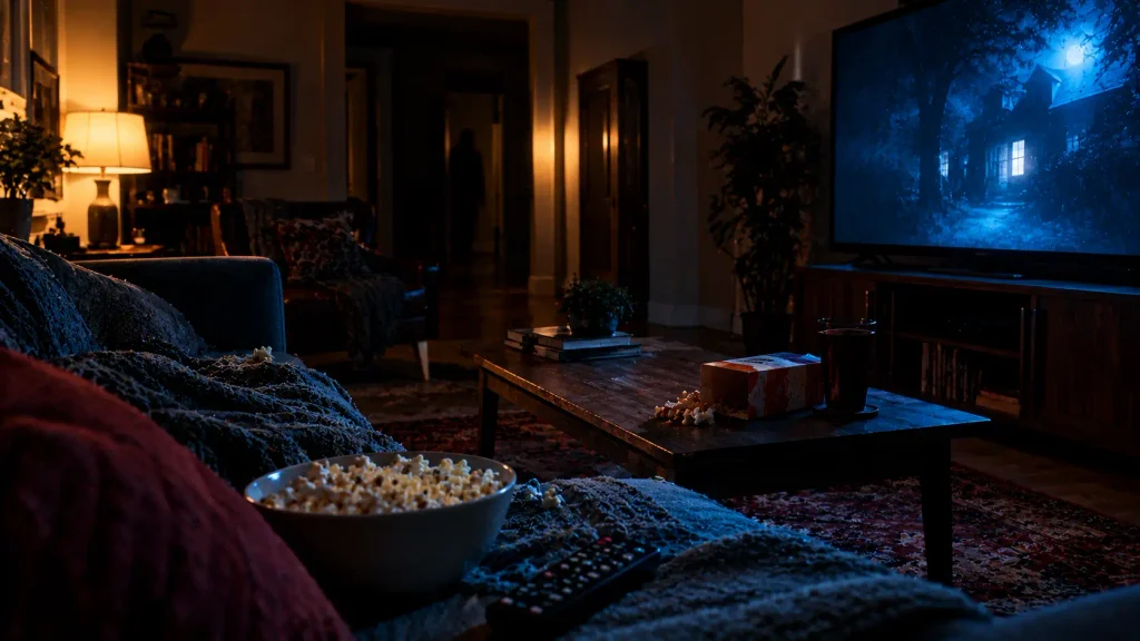 Cozy movie night setup with popcorn and eerie television lighting