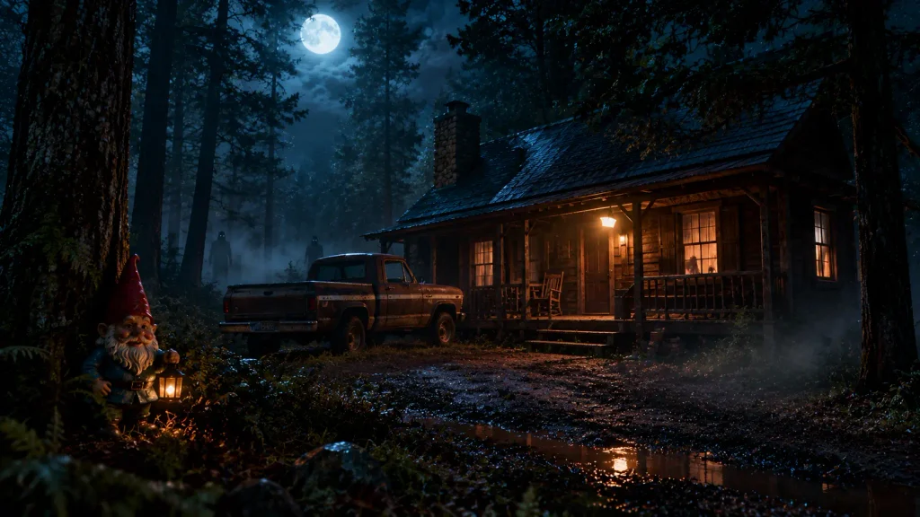Remote woodland cabin surrounded by eerie forest in a horror comedy setting
