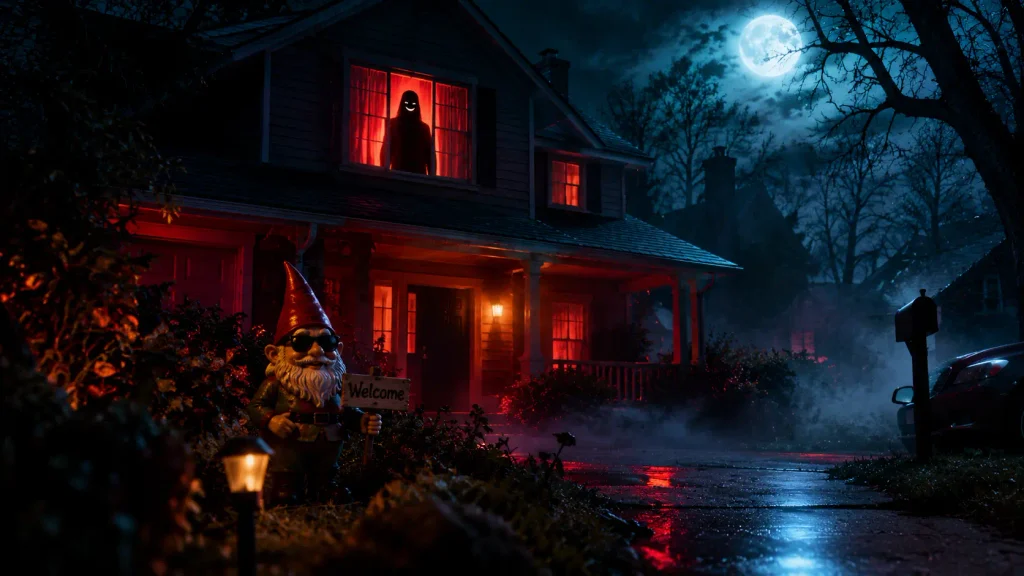 Dark comedy horror atmosphere with a creepy suburban house at night