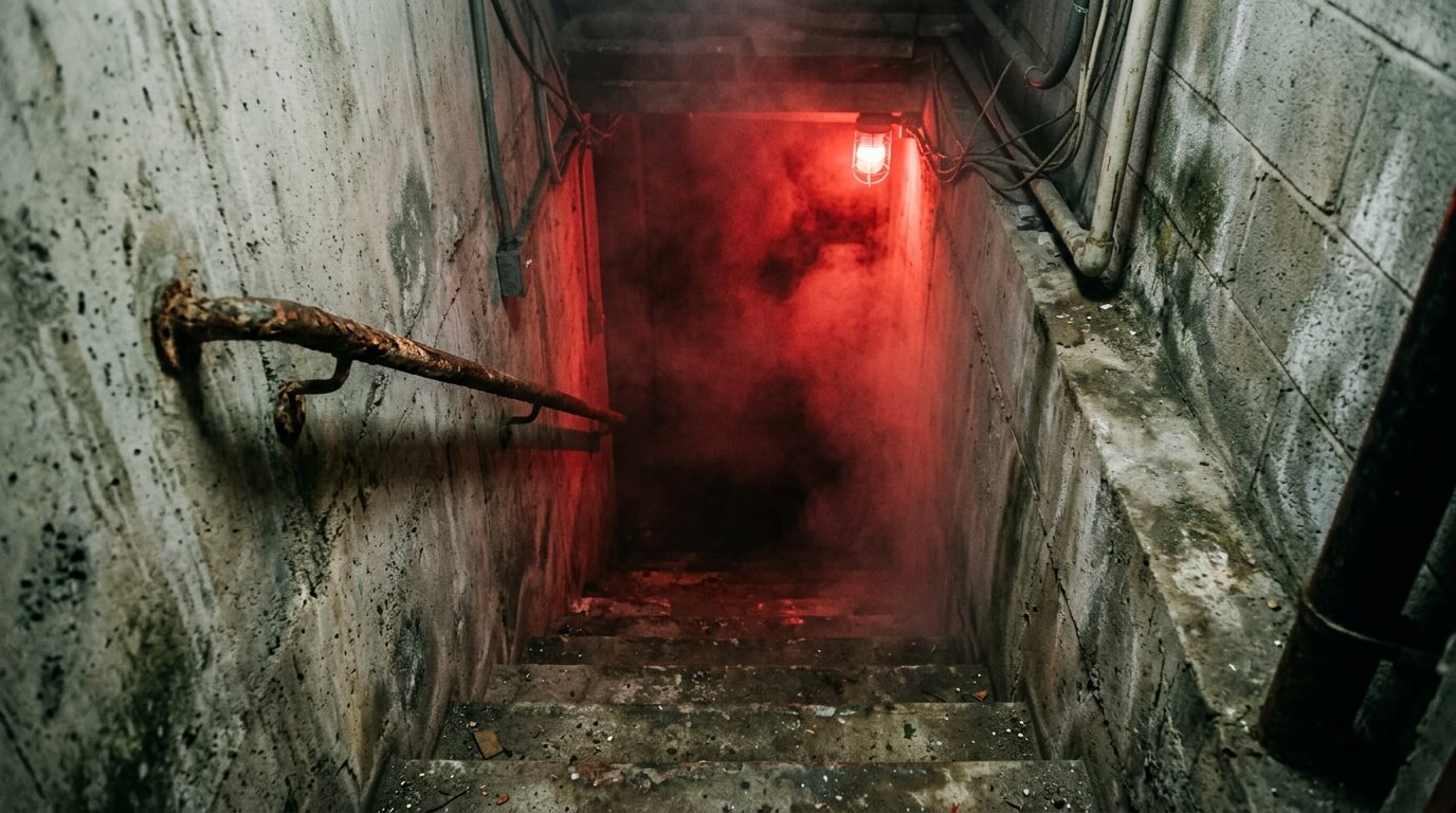 Dark hotel basement with red emergency lighting and thick fog illustrating the Hell House LLC basement tragedy.