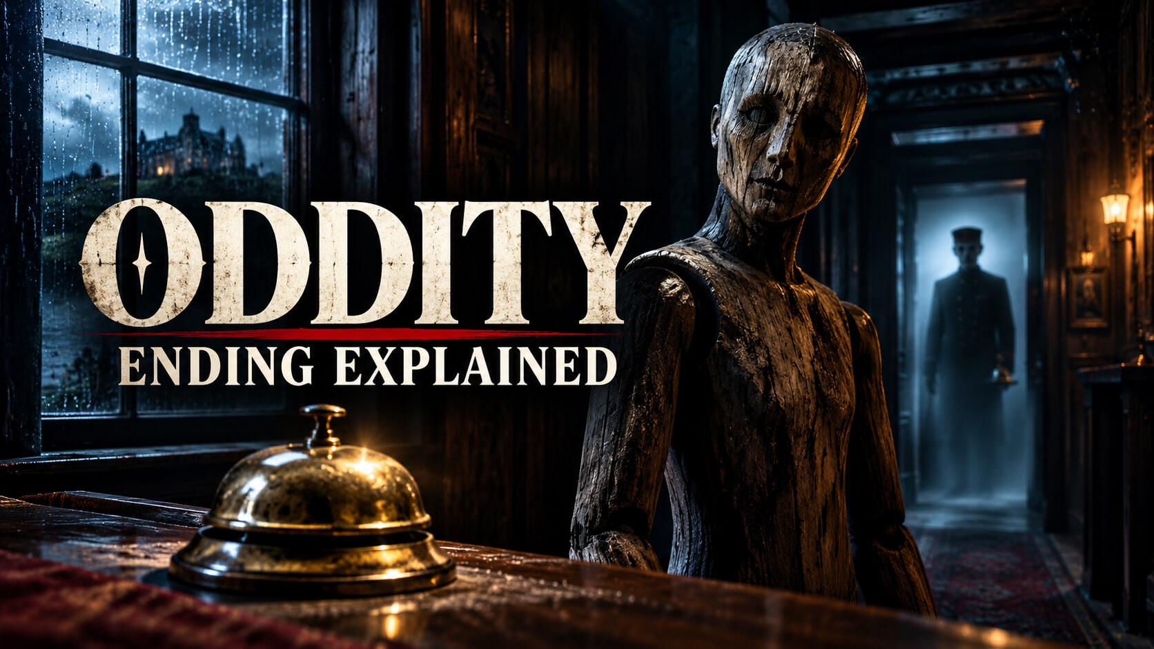 Oddity (2024) Ending Explained horror cover featuring a creepy wooden mannequin, a haunted brass bell, and a ghostly figure in a dark hallway.