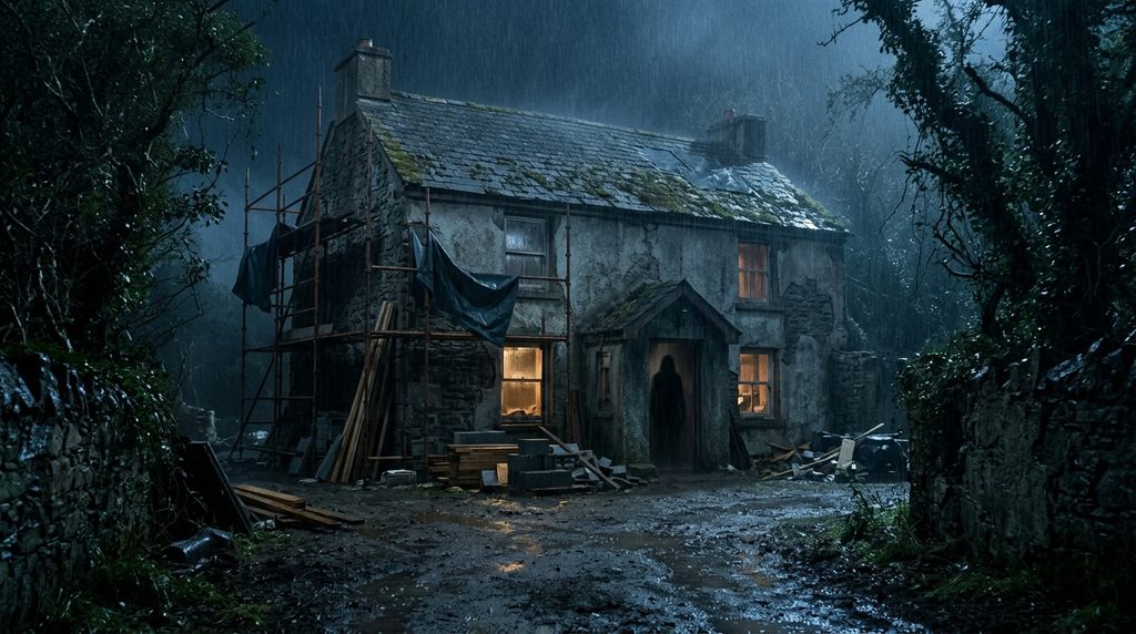 Oddity (2024) horror scene featuring an isolated Irish country house surrounded by darkness and rain.
