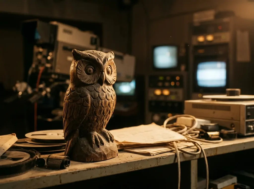 An antique owl ornament in a dim vintage television studio representing the article's symbolism discussion