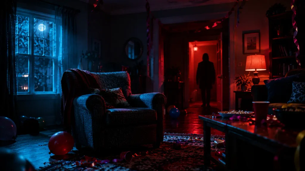 Dark comedy horror scene with an eerie suburban living room