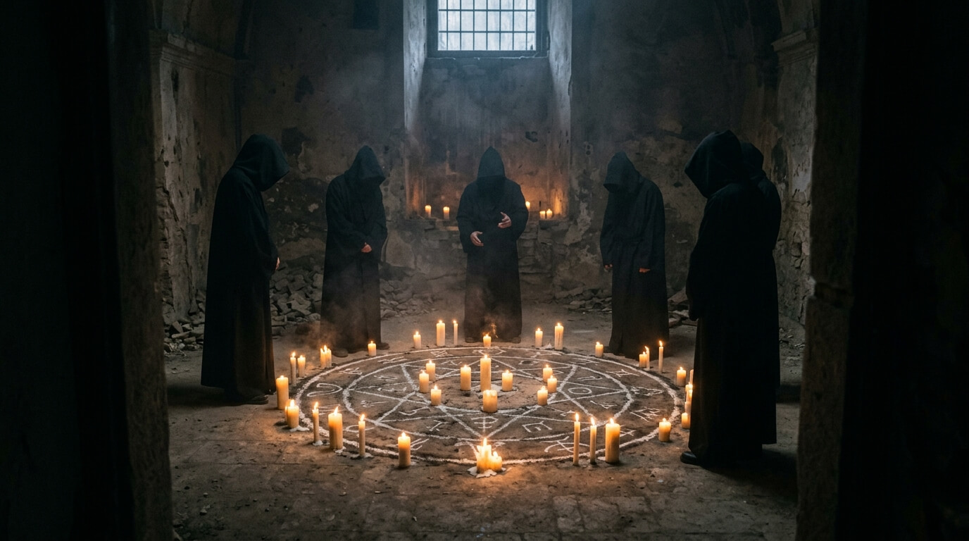 Hooded figures surrounding a candlelit basement ritual, representing the supernatural mystery in Hell House LLC.