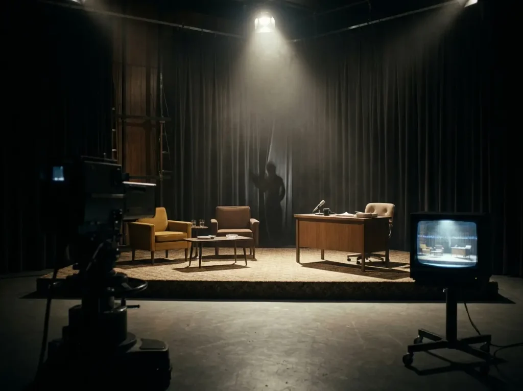 An empty vintage talk-show stage with eerie shadows representing jump-scare tension