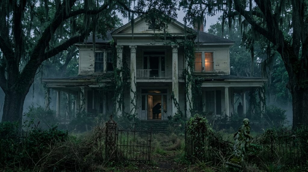 Eerie Southern Gothic mansion and mysterious piano evoking the surreal horror atmosphere of Atlanta