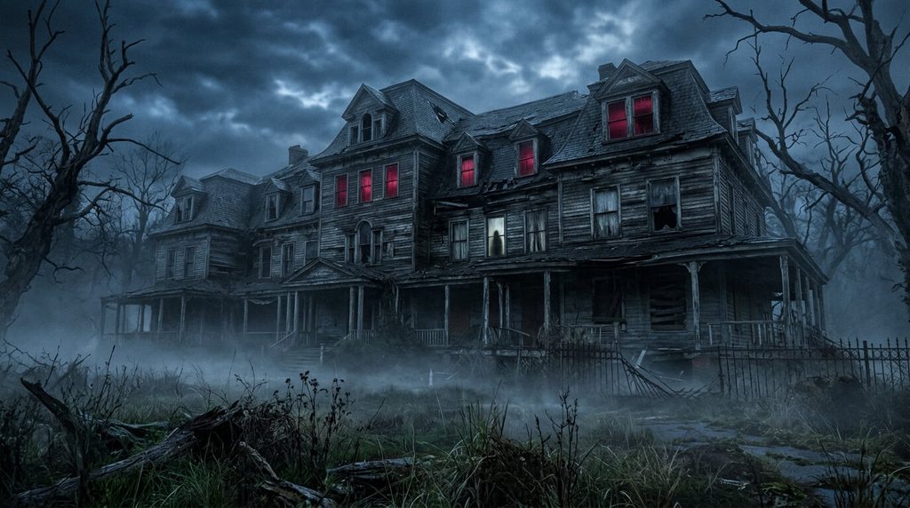Abandoned haunted hotel at night with eerie red lights and thick fog representing the Hell House LLC horror movie timeline