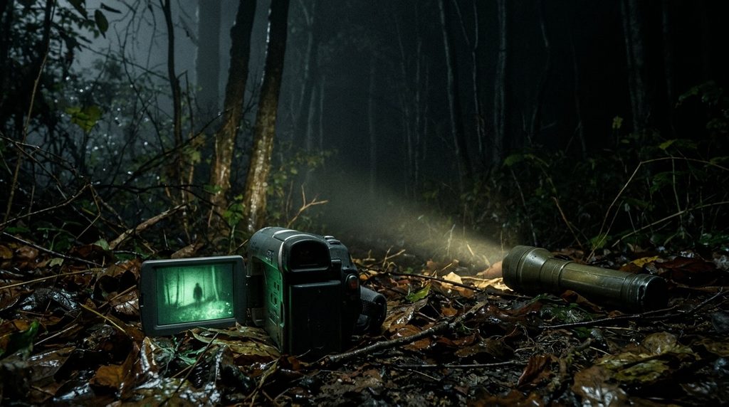 A fallen video camera recording a mysterious silhouette in the dark woods, inspired by Leaving D.C. (2012).