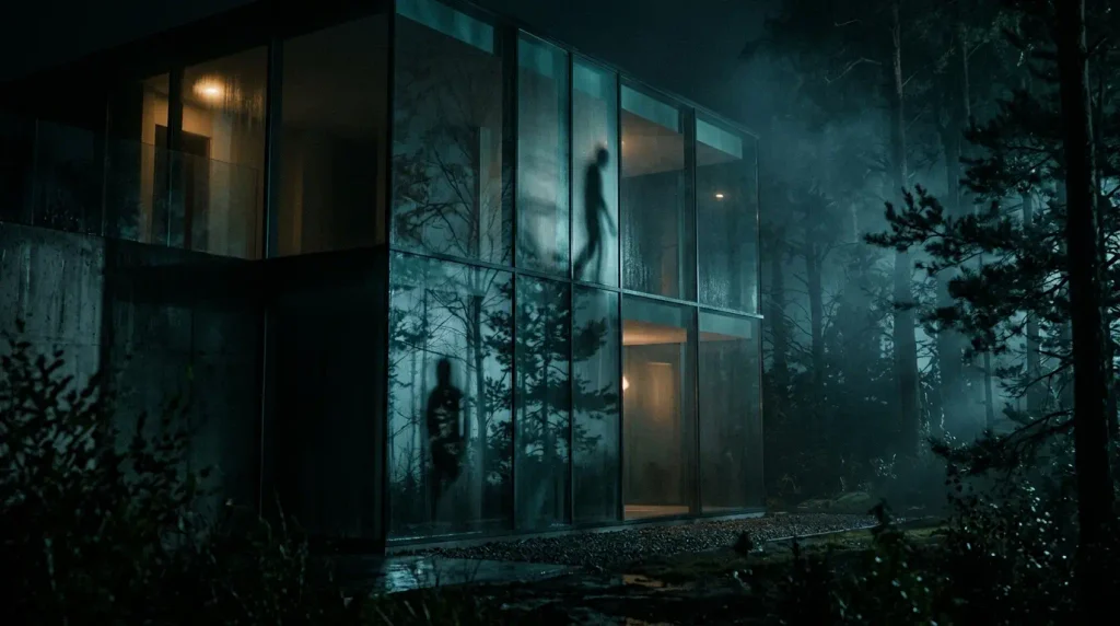 Distorted reflections in a modern glass house illustrating the hidden visual clues and psychological tension in The Curse