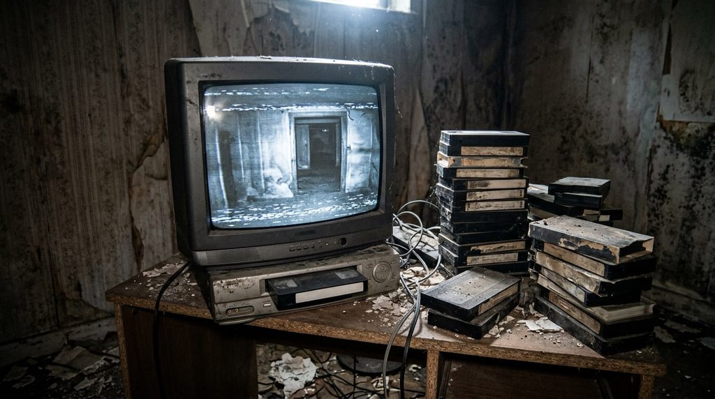Dusty VHS tapes and an old television displaying eerie footage in an abandoned house, inspired by The Poughkeepsie Tapes.