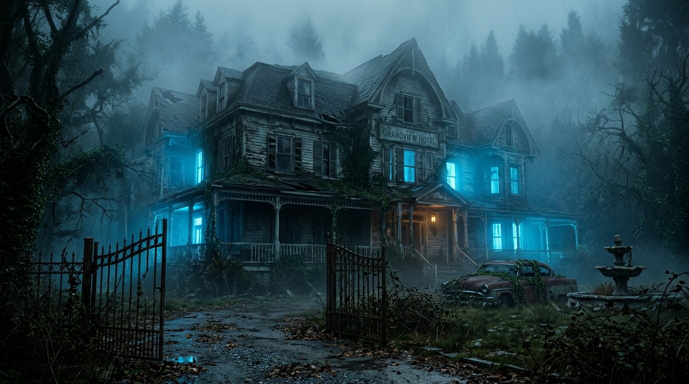 Abandoned hotel at night surrounded by fog, illustrating the dark history of the Abaddon Hotel in Hell House LLC.
