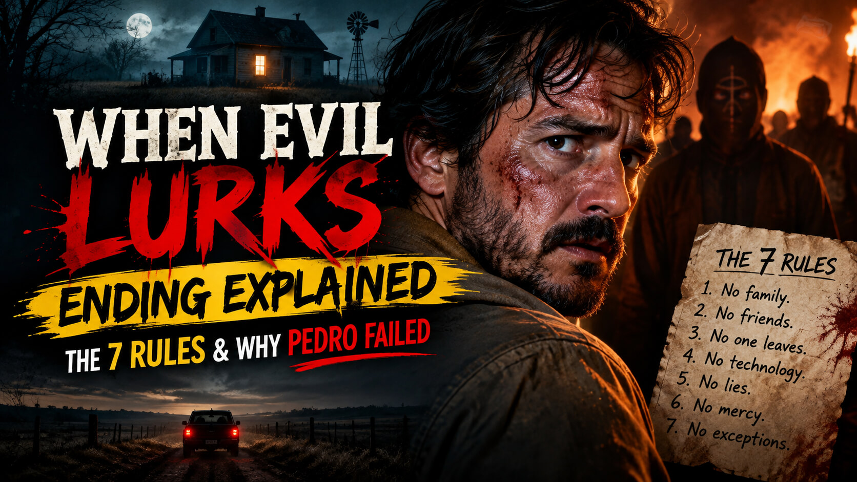 When Evil Lurks ending explained cover image featuring Pedro, a creepy rural farmhouse, mysterious figures, and the 7 rules of the supernatural horror movie.